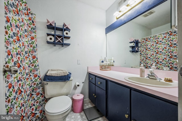 full bath featuring toilet, visible vents, and vanity