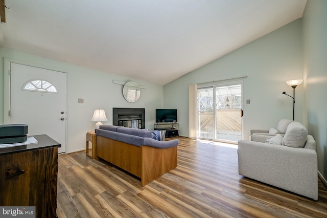 living area featuring lofted ceiling, a fireplace, and dark wood-style floors