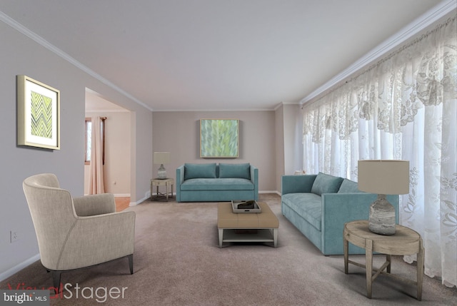 carpeted living area with baseboards and crown molding