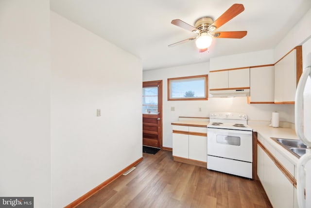 kitchen with white range with electric stovetop, light countertops, white cabinetry, light wood-type flooring, and under cabinet range hood