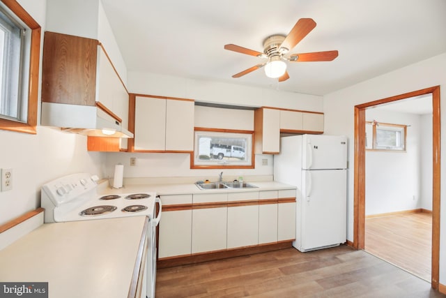 kitchen featuring light countertops, light wood-style flooring, a sink, white appliances, and under cabinet range hood