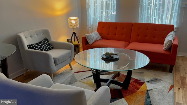 living room with baseboards, wood finished floors, and a healthy amount of sunlight