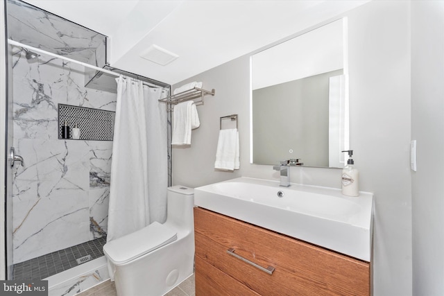 bathroom with vanity, toilet, visible vents, and a marble finish shower