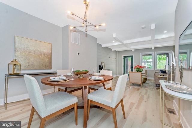 dining area with beamed ceiling, visible vents, coffered ceiling, light wood finished floors, and a chandelier