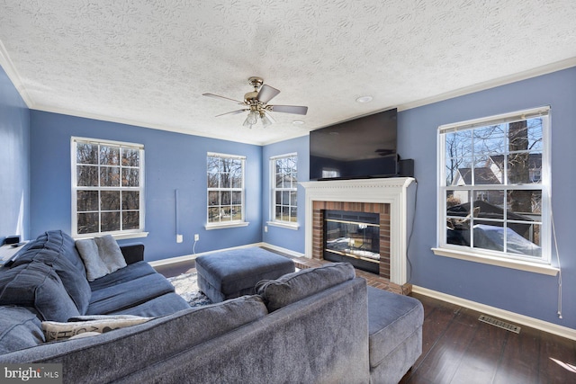 living area featuring a fireplace, visible vents, a healthy amount of sunlight, baseboards, and dark wood-style floors