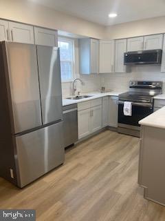 kitchen featuring light wood finished floors, stainless steel appliances, a sink, and light countertops