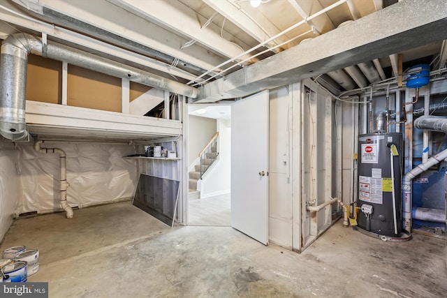 unfinished basement with water heater and stairs