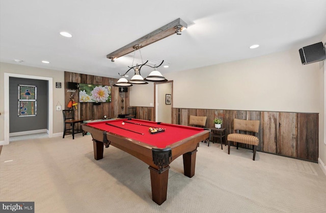 recreation room with wooden walls, carpet, a wainscoted wall, recessed lighting, and pool table