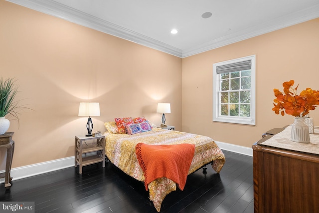 bedroom featuring baseboards, dark wood finished floors, crown molding, and recessed lighting