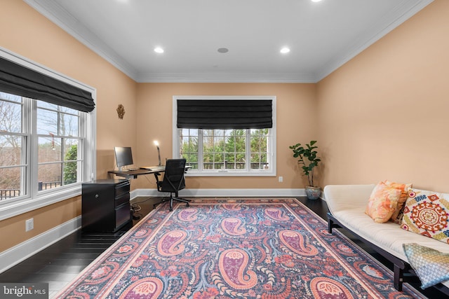 office space featuring recessed lighting, baseboards, crown molding, and wood finished floors