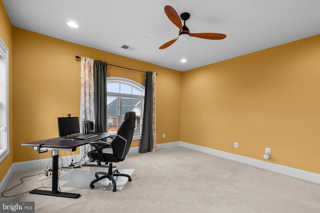 home office featuring recessed lighting, carpet, visible vents, and baseboards