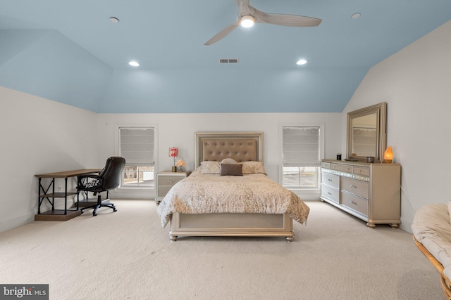 bedroom featuring recessed lighting, visible vents, vaulted ceiling, and light colored carpet