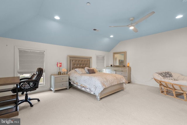 bedroom featuring carpet floors, recessed lighting, visible vents, and vaulted ceiling