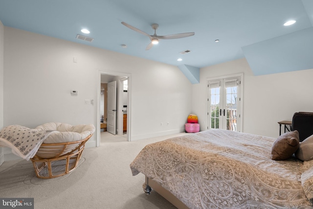 carpeted bedroom featuring access to outside, visible vents, baseboards, and recessed lighting