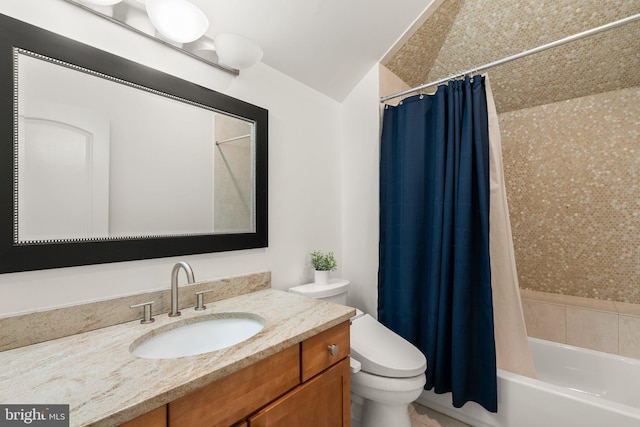 full bath featuring toilet, shower / tub combo, and vanity