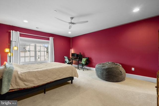 carpeted bedroom featuring recessed lighting, visible vents, ceiling fan, and baseboards