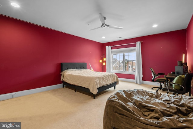 carpeted bedroom with ceiling fan, baseboards, and recessed lighting