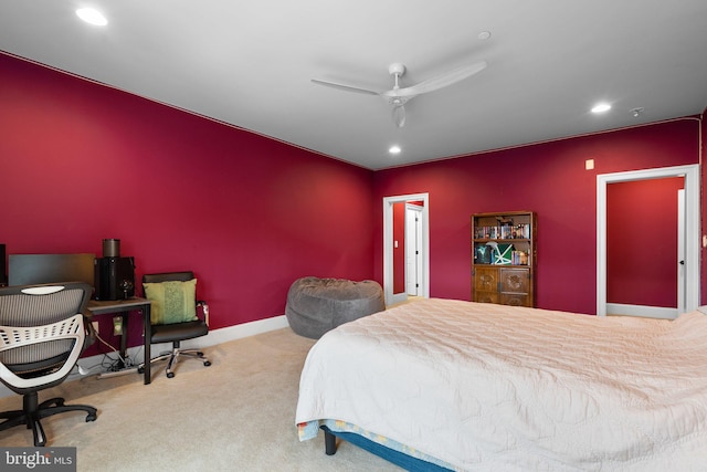 carpeted bedroom with recessed lighting, ceiling fan, and baseboards