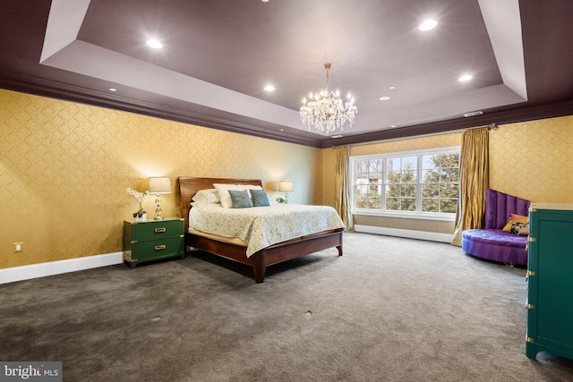 carpeted bedroom with baseboards, recessed lighting, a raised ceiling, and wallpapered walls