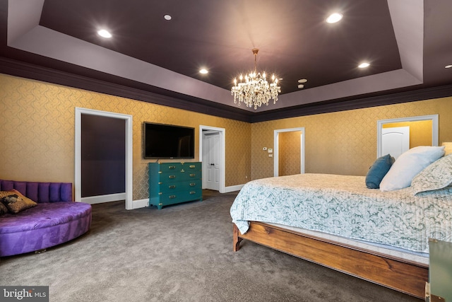 carpeted bedroom with ornamental molding, a raised ceiling, a notable chandelier, and recessed lighting