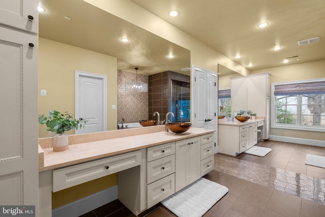 full bathroom with visible vents, tile patterned flooring, vanity, and recessed lighting