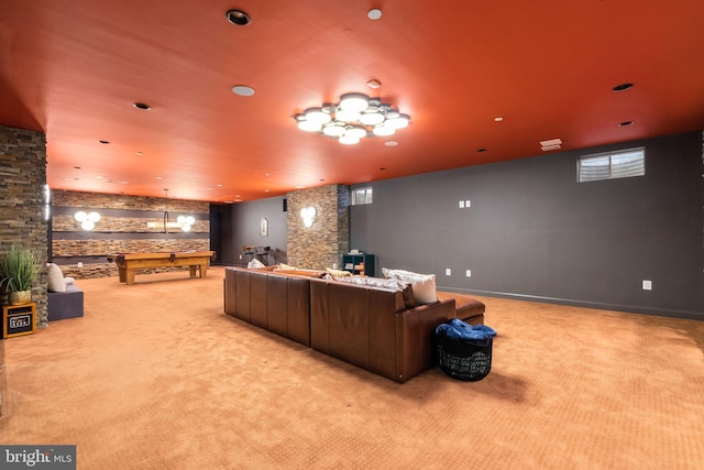 living area featuring recessed lighting, baseboards, and light colored carpet