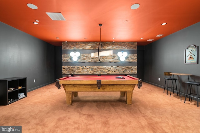 recreation room with recessed lighting, pool table, visible vents, and carpet flooring