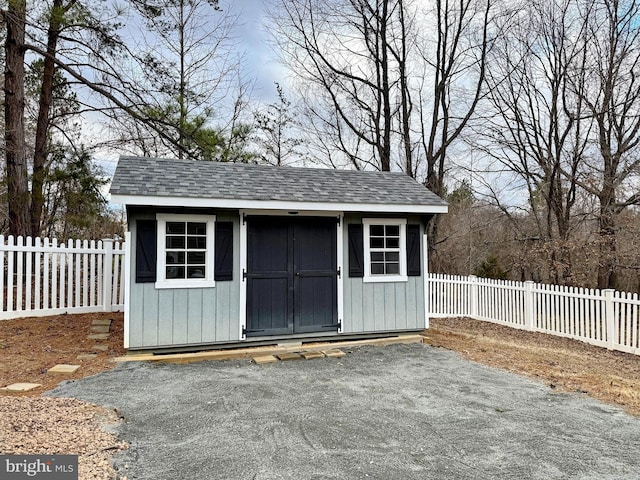 view of shed featuring a fenced backyard