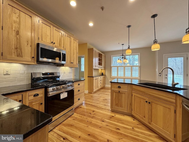 kitchen with light wood finished floors, a sink, hanging light fixtures, stainless steel appliances, and tasteful backsplash