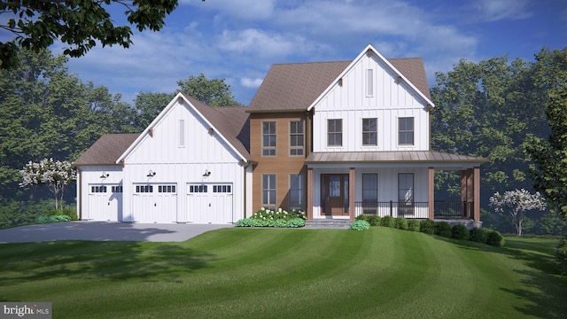 modern farmhouse style home with a porch, board and batten siding, a standing seam roof, driveway, and a front lawn