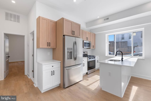 kitchen featuring stainless steel appliances, a sink, visible vents, light countertops, and light wood finished floors