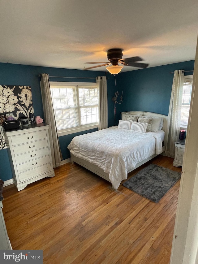 bedroom featuring ceiling fan, multiple windows, and wood finished floors