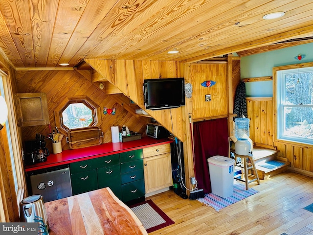 kitchen featuring light wood-type flooring, wood ceiling, and wooden walls