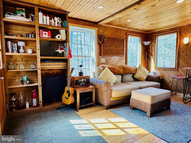 living area with wood walls and wooden ceiling