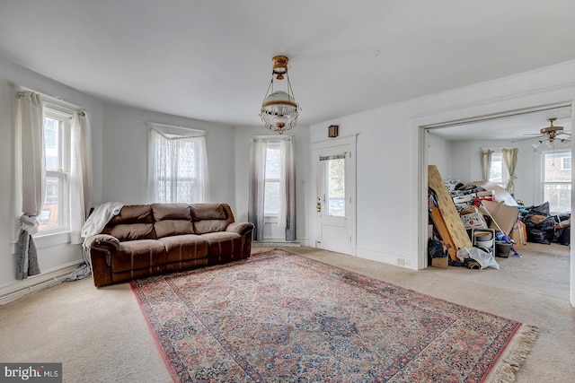 living area with carpet and baseboards