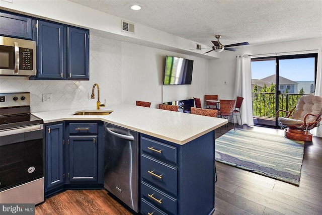 kitchen with stainless steel appliances, blue cabinetry, a peninsula, and a sink