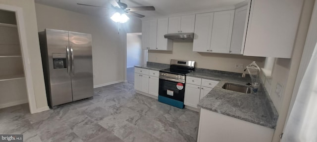 kitchen with white cabinets, under cabinet range hood, stainless steel appliances, and a sink