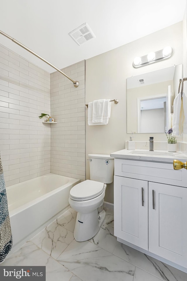 full bathroom with shower / tub combo, visible vents, toilet, marble finish floor, and vanity