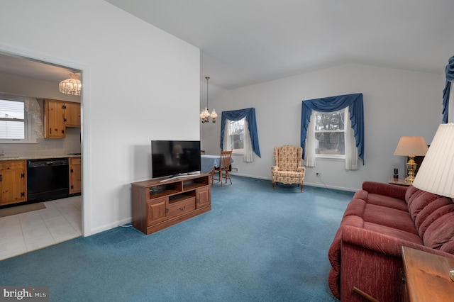 living area featuring a chandelier, vaulted ceiling, baseboards, and light colored carpet