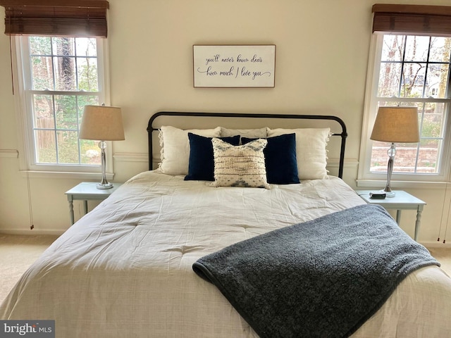 bedroom with multiple windows and carpet floors