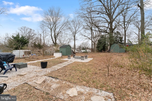 view of yard with a storage shed, a garden, and an outdoor structure