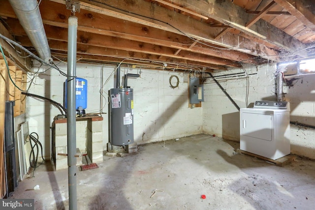 unfinished basement with washer / clothes dryer, electric water heater, and electric panel