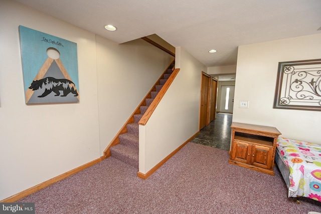 corridor with recessed lighting, carpet flooring, stairway, and baseboards