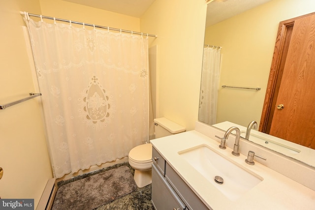 full bathroom with a baseboard heating unit, toilet, and vanity