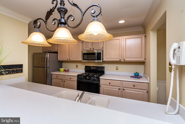 kitchen with light brown cabinetry, decorative light fixtures, light countertops, ornamental molding, and appliances with stainless steel finishes