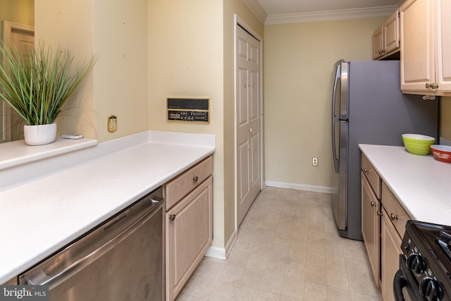 kitchen featuring light brown cabinets, black gas range, dishwasher, light countertops, and ornamental molding