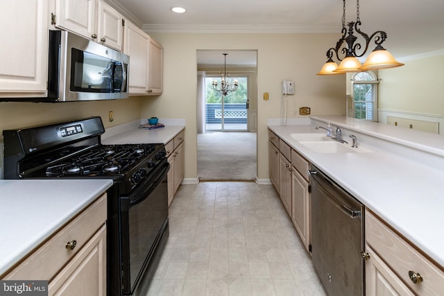 kitchen featuring dishwashing machine, ornamental molding, a sink, black gas range, and stainless steel microwave