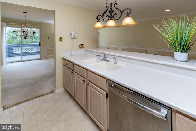 kitchen with dishwasher, crown molding, a sink, and an inviting chandelier