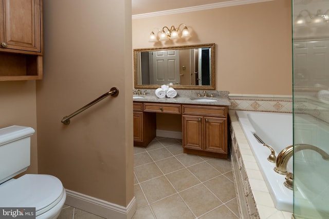 bathroom with toilet, a sink, crown molding, tile patterned flooring, and a bath