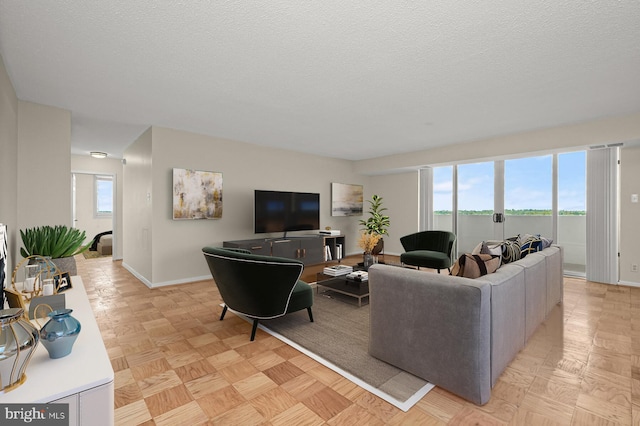 living area featuring baseboards and a textured ceiling